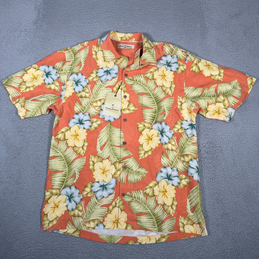 Tommy Bahama Shirt Mens Medium Orange Hibiscus Haven 100% Silk Hawaiian Camp